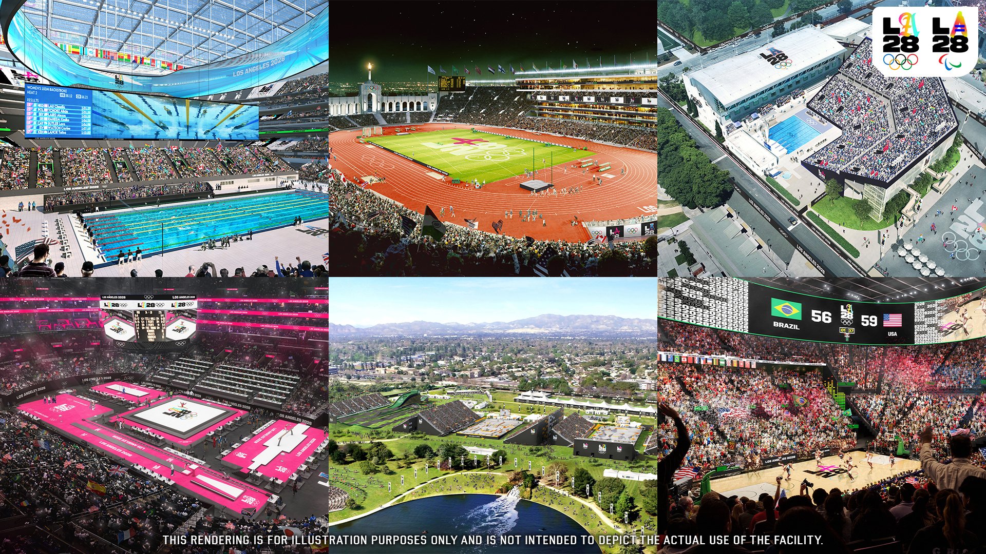 Among the venues LA28 will utilize is swimming at SoFi Stadium, which garnered major social media buzz upon its announcement. Renderings via LA28