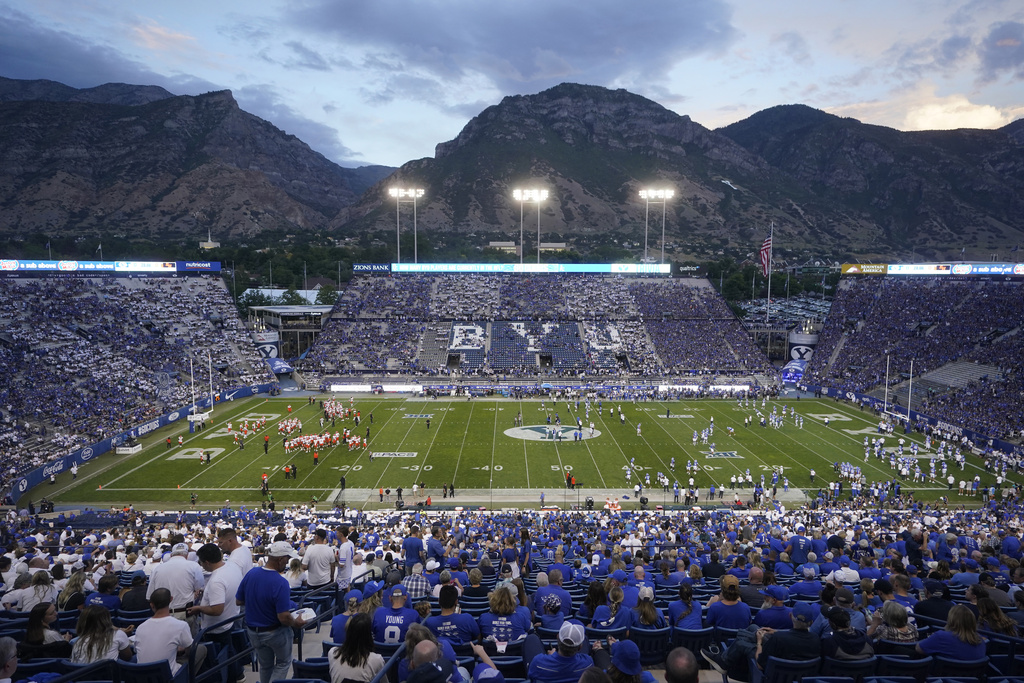 Fans wait for an NCAA college football game between Sam Houston State and BYU on Saturday, Sept. 2, 2023, in Provo, Utah.
